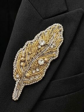 Gold and Silver Beaded Feather Brooch - Women's Jewelry Handmade Handcrafted